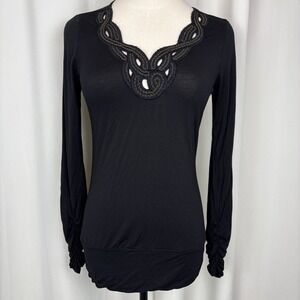 Vtg Y2K Going Out Cache Top Embroidered Black Gold Ruched Long Sleeve Sz S